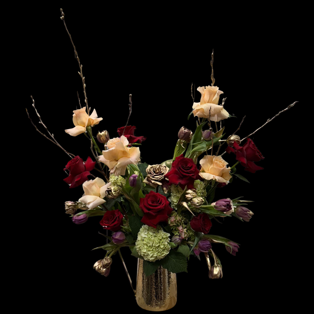 Bouquet of peach roses, red roses, gold tulips, seasonal filler flowers with greenery at Toronto, King West district - Luxury Downtown Toronto Florist