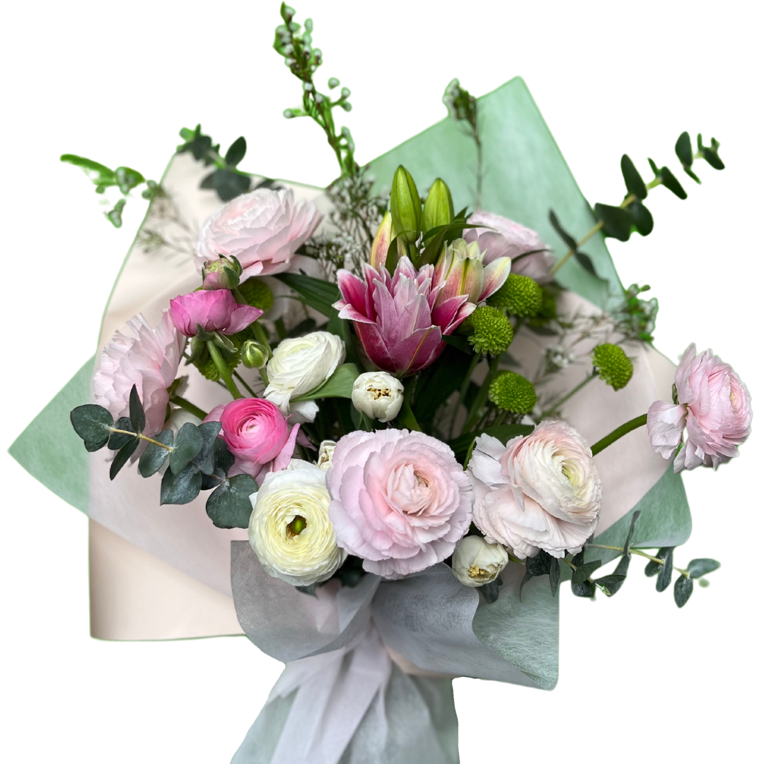 Mother's Day Bouquet with Ranunculus, Rose Lilly, stock, lizianthus and tulips