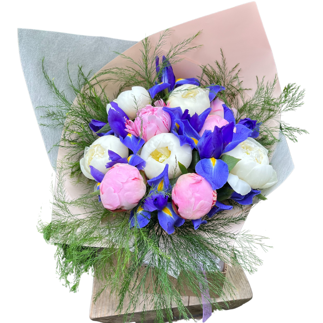 Luxury peony & iris bouquet, hand-tied by Toronto florist, available for same day pick up.