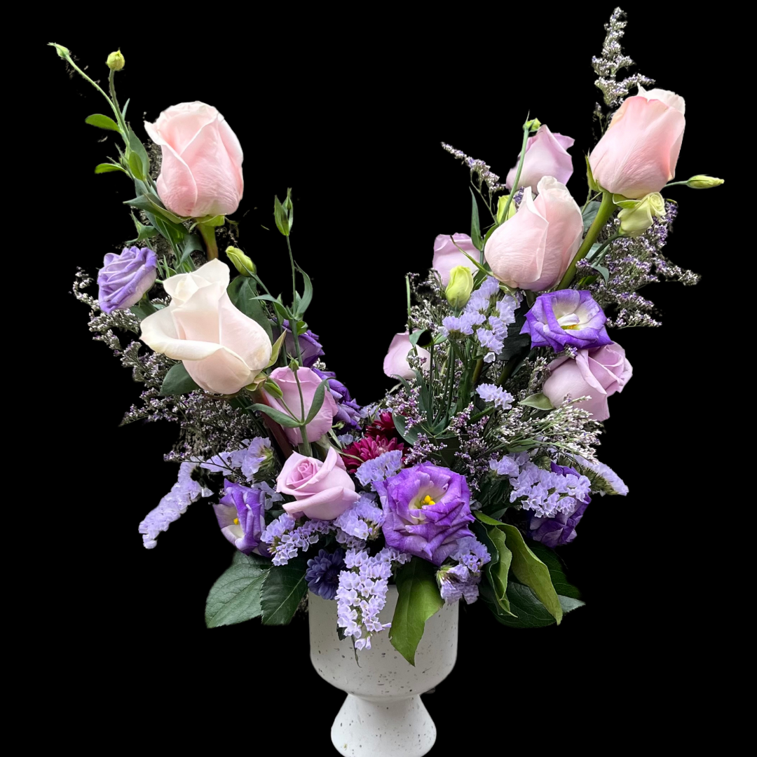 Luxury seasonal pink rose bouquet with seasonal blooms, hand-tied by Toronto florist, available for same day pick up.