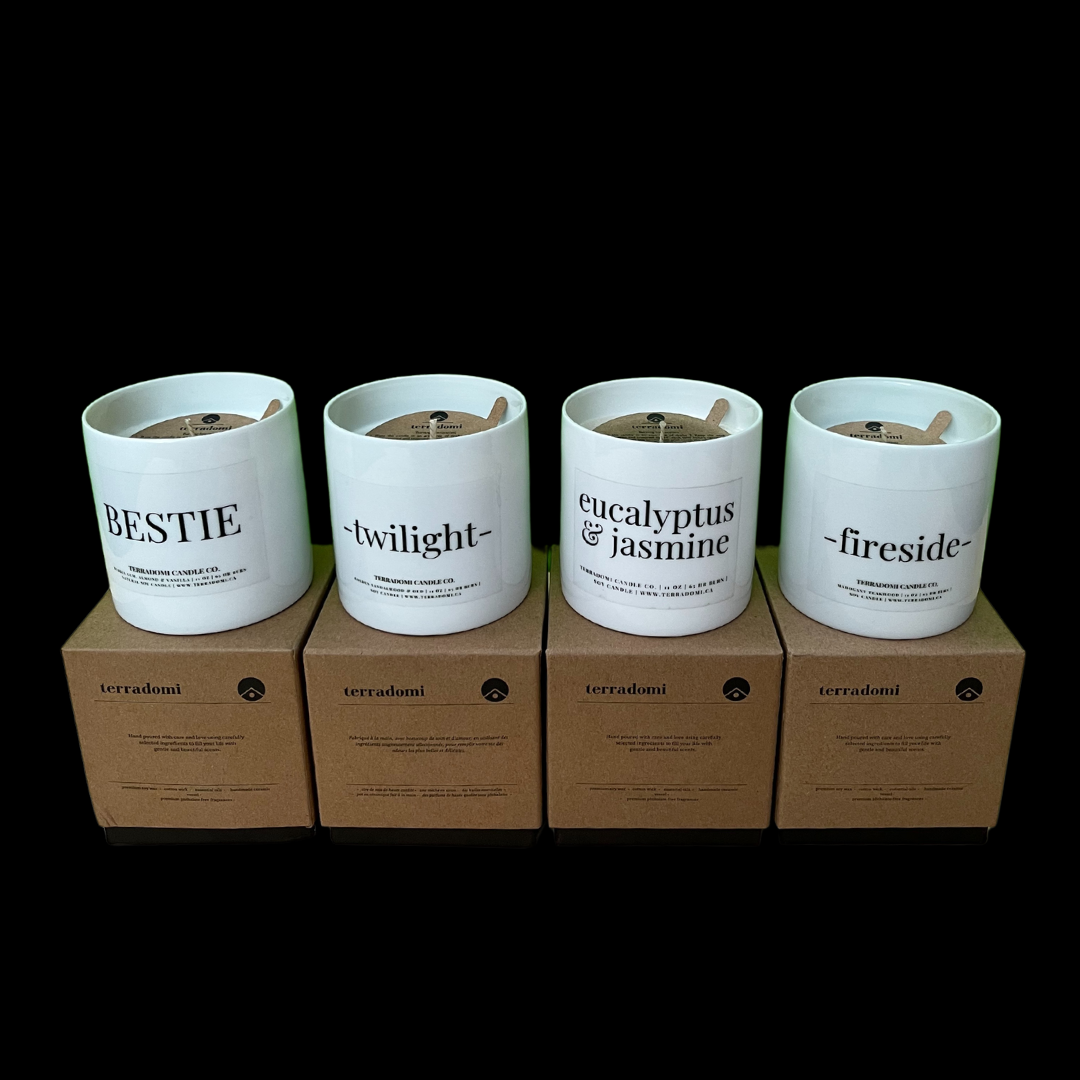 Terradomi Signature Collection, where artistry meets ambiance. At our candle company in Ontario, Canada, we take immense pride in handcrafting exquisite candles that not only illuminate your space but also ignite your senses. Each candle is meticulously curated, combining the finest ingredients with unparalleled attention to detail. Prepare to embark on a sensory journey as we introduce you to our captivating fragrances, all proudly made in Ontario, supporting local artisans and the community.
