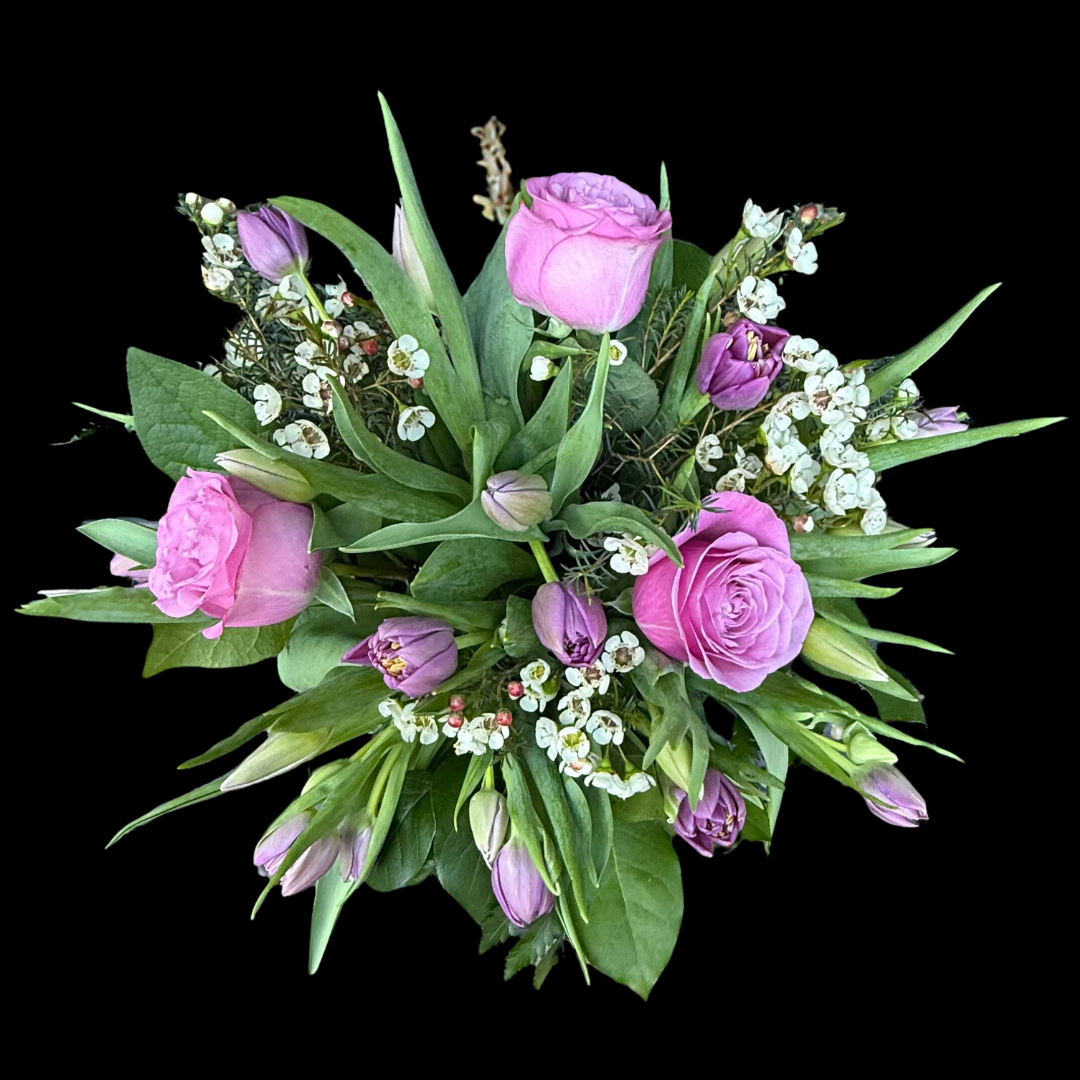 Bouquet of tulips, garden roses, wax flowers and greenery - Toronto flower delivery by Portland Market florist