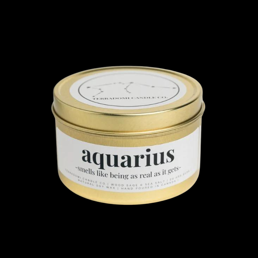 "AQUARIUS": Wood Sage + Sea Salt Smells like being as real as it gets.
Our Aquarius candle captures the innovative and free-spirited nature of this air sign. With a refreshing blend of wood sage and sea salt, it embodies the essence of Aquarians born between January 20 and February 18. This candle smells like being as real as it gets, reflecting Aquarius' unfiltered humor and sound advice. 
Fragrance Notes:
Top notes: Fruity
Heart notes: sea salt, coconut, and wood sage
Base notes: musk