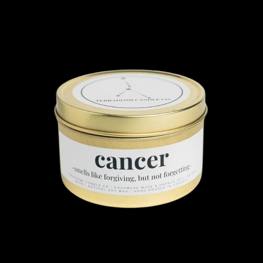"CANCER": Cashmere Musk + French Iris  Smells like forgiving, but not forgetting.
Our Cancer candle captures the essence of this nurturing water sign with a blend of cashmere musk and French iris. Perfect for those born between June 21 and July 22, it smells like forgiving but not forgetting—just like a true Cancer.  
Fragrance Notes:
Top notes: Fresh herbaceous and Lavender
Heart notes: Warm cedar, Fresh cypress, French iris
Base notes: Cashmere woods, Musk