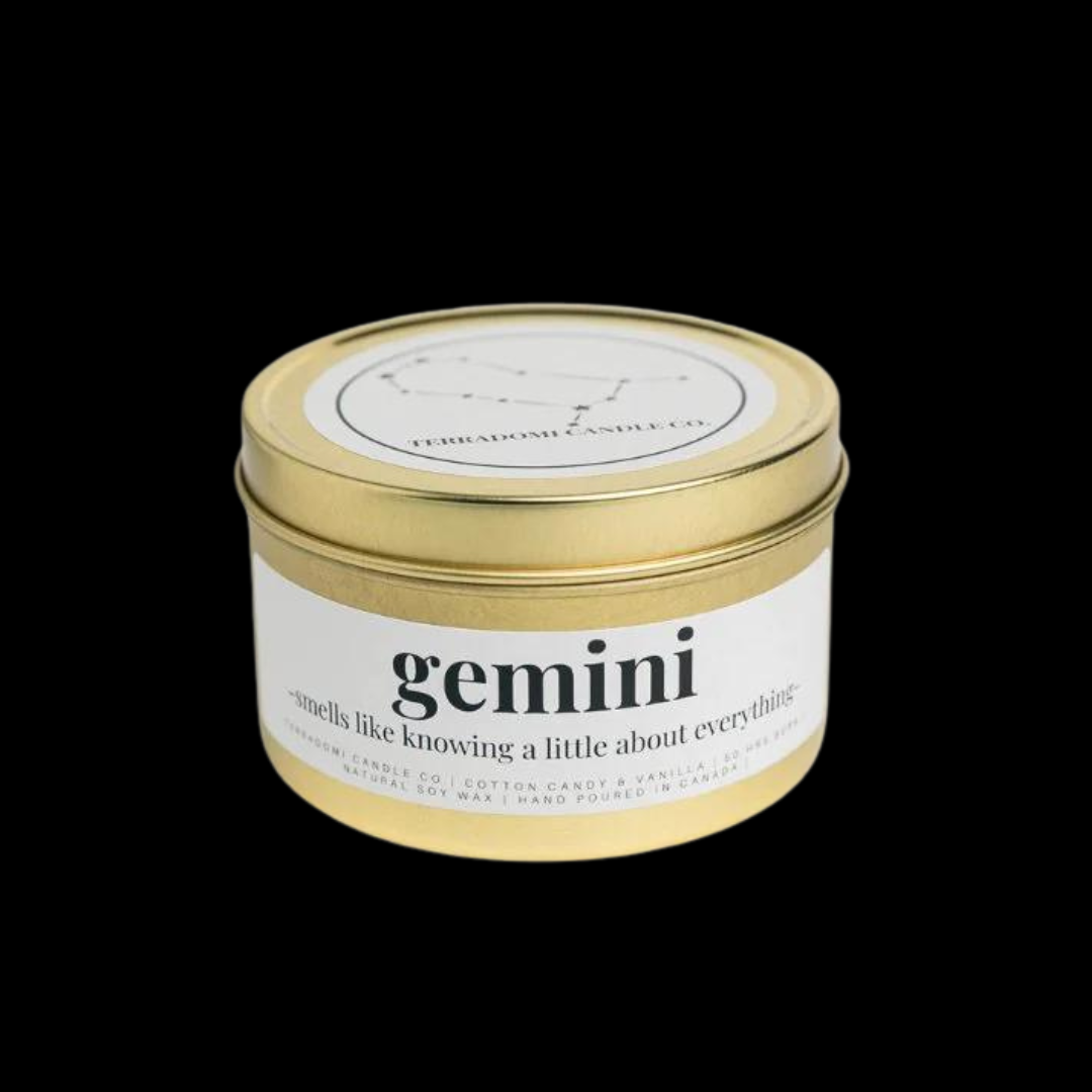 "GEMINI": Cotton Candy & Vanilla Smells like knowing a little about everything.
Our Gemini candle captures the playful and witty essence of this air sign. With a sweet blend of cotton candy and vanilla, it embodies the spirit of Geminis born between May 21 and June 20. This candle smells like knowing a little about everything, reflecting Gemini's sharp humor and endless curiosity.
Fragrance Notes:
Top notes: Green, Citrus
Heart notes: Lily, Lavender
Base notes: Cotton Candy and Vanilla