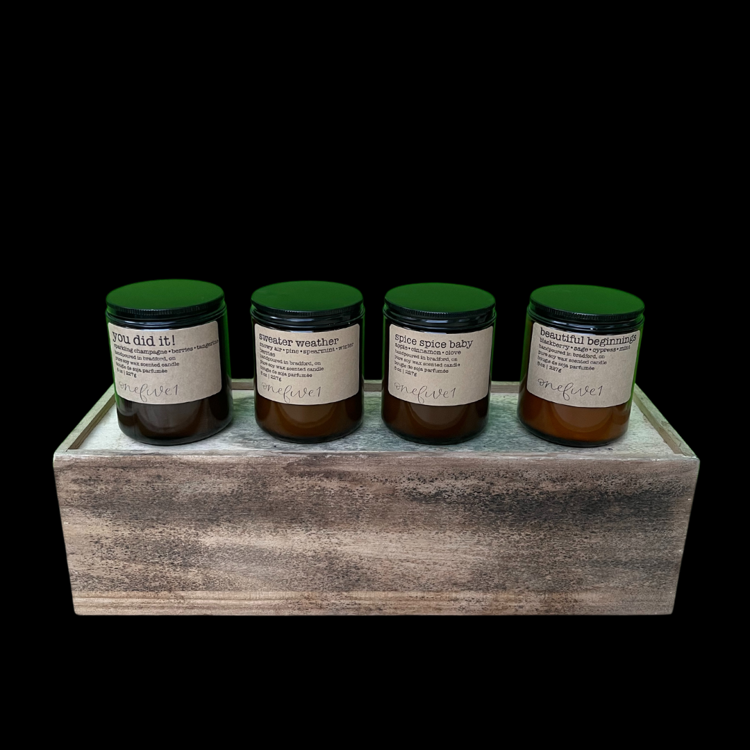 onefive1 scented candles grey sweatpant season, beautiful beginnings, sweater weather, you did it