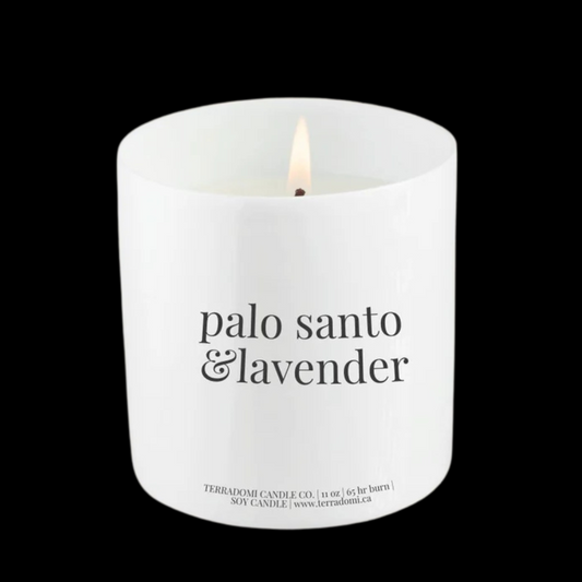 Enjoy the soothing embrace of our Palo Santo + Lavender Luxury Soy Wax Candle. As the flame flickers, the earthy aroma of Palo Santo essential oil surrounds you, grounding your senses and clearing the mind. Lavender's calming floral notes gently intertwine, inviting deep relaxation. This harmonious blend creates a serene space, infusing your environment with healing energy. Indulge in nature's restorative embrace with every burn.
Fragrance. Rich scent of Palo Santo and lavender 
