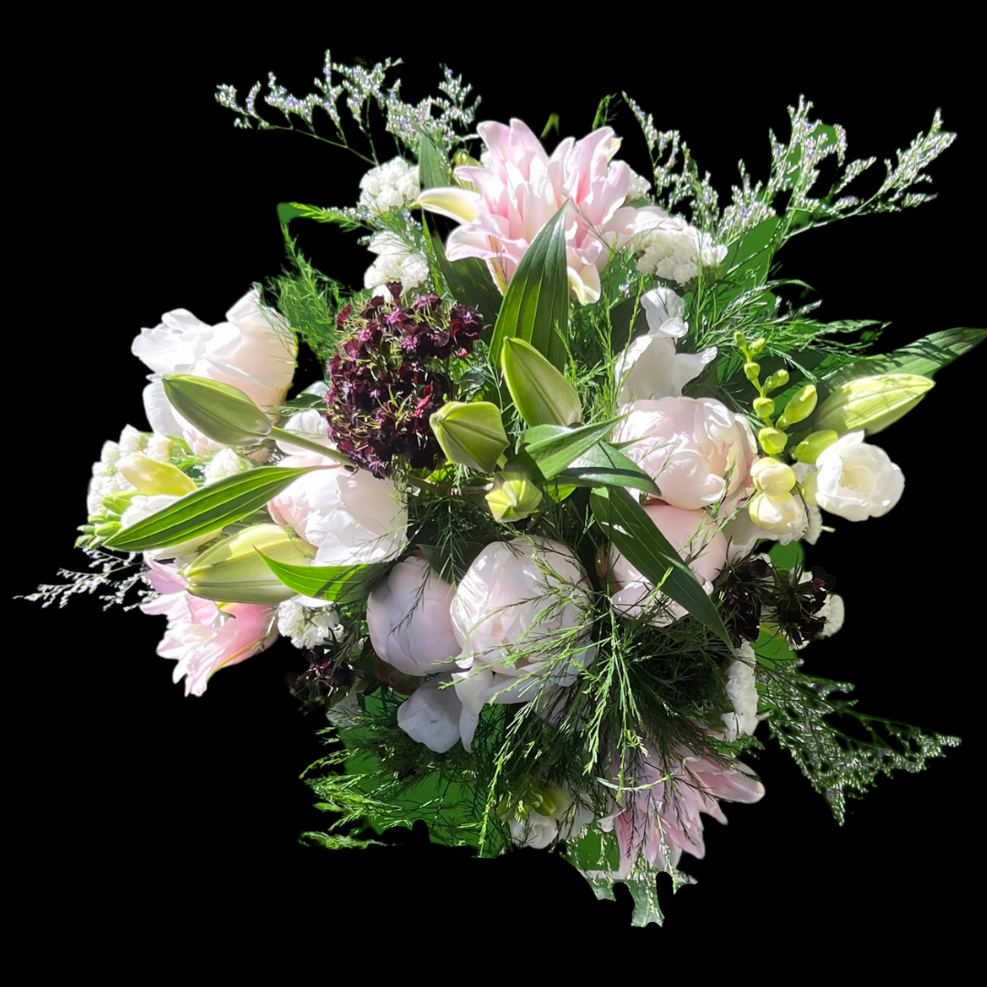 Luxury peony bouquet with seasonal blooms, hand-tied by Toronto florist, available for same day pick up.
