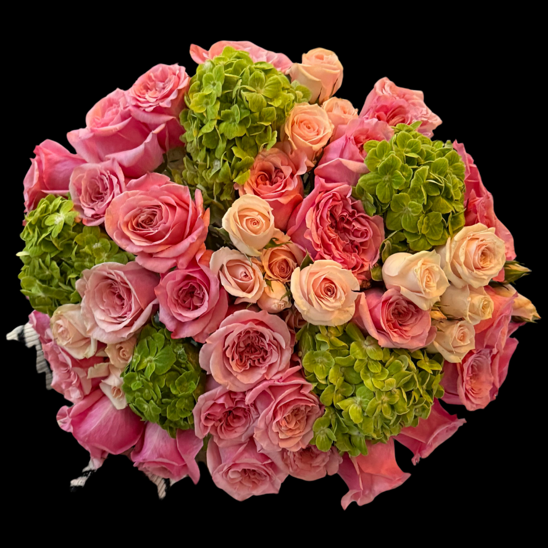 Luxury pink expression roses with green Hydrangeas– an elegant arrangement of fresh flowers, perfect for Valentine's Day, Anniversaries, Birthdays, Mother's Day as well as any romantic occasion. Ideal for those seeking Downtown Toronto Florist-Portland Market- King West District is a luxury flower shop with Bespoke bouquets and arrangements, classic centerpieces or premium arrangements are timeless floral gifts.