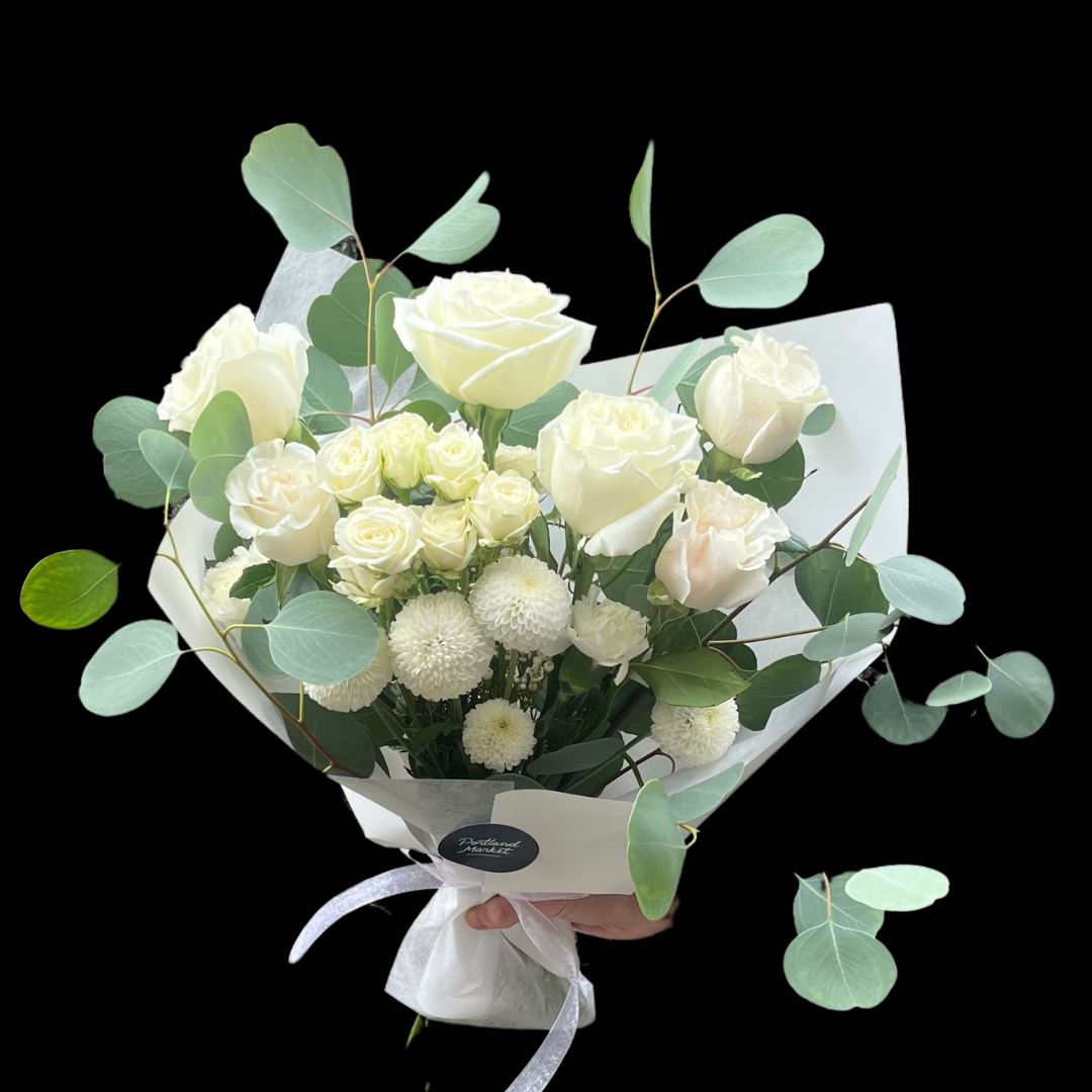 Custom luxury bouquet featuring unique garden roses, chyrsanthemum and seasonal greenery. Pre-order -handcrafted at Portland Market.ca. Toronto flower shop in the King West Entertainment District.