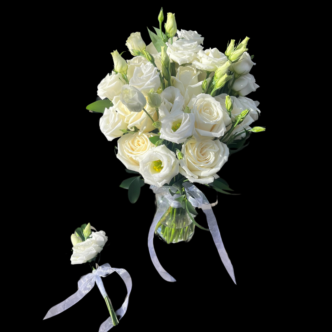 A bouquet of white roses with lizianthus, designed for holding and displaying. Wedding Bouquet and Boutonniere