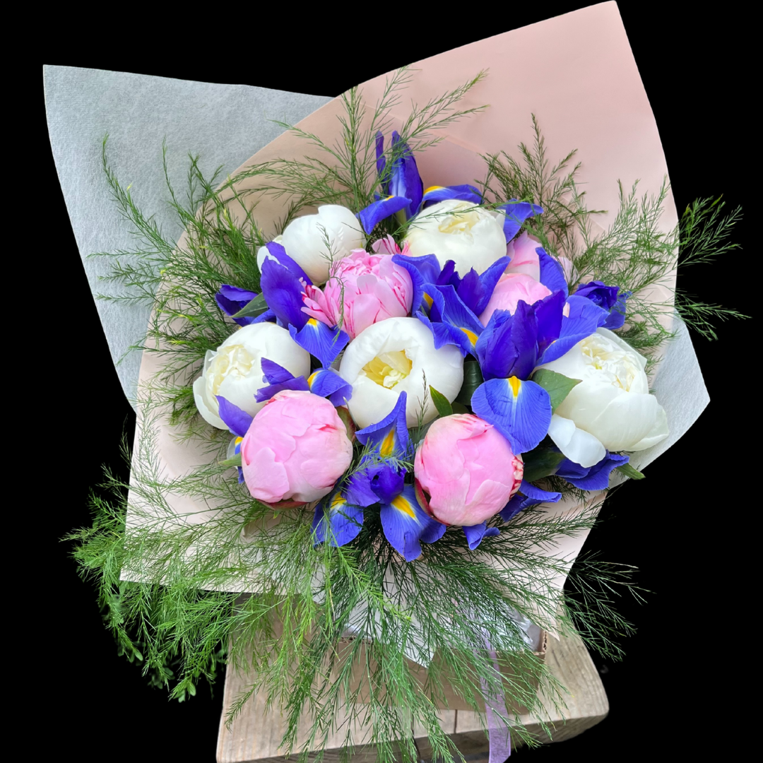 Luxury peony bouquet with seasonal blooms, hand-tied by Toronto florist.