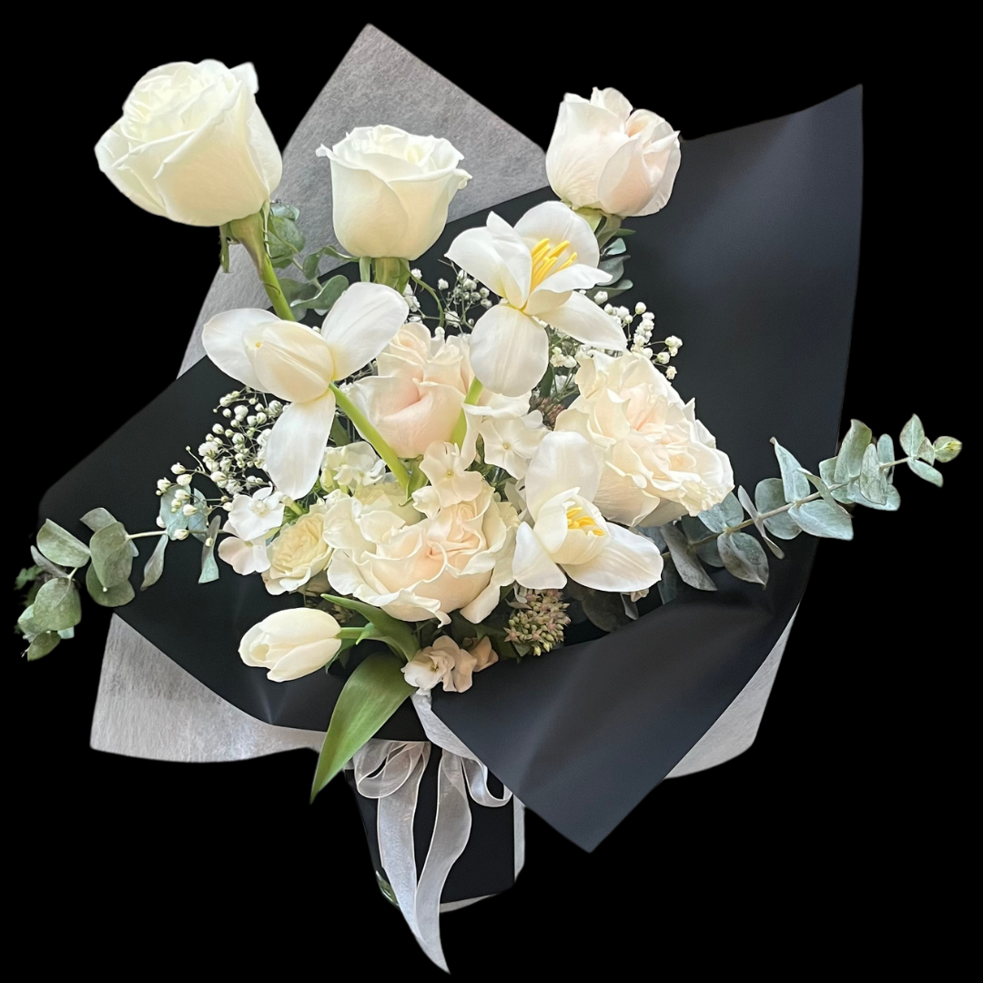 Portland Market: Toronto Florist | Gift & flower Shop. mother's Day | Valentines' day arrangement / bouquets -white cotton expression & Playa blanca roses, tulips, baby's breath, eucalyptus and autuim joy flowers