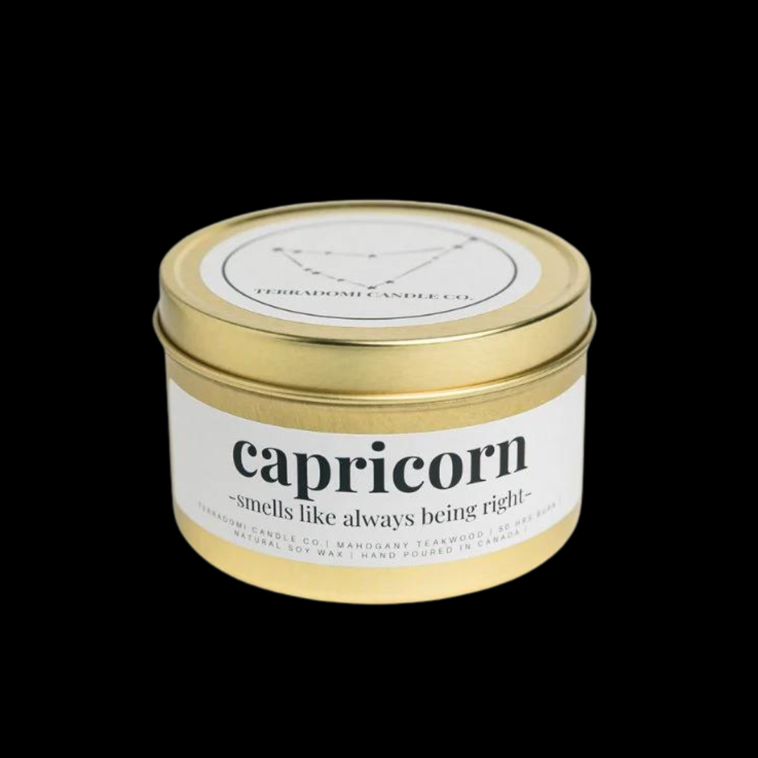 "CAPRICORN": Mahogany Teakwood&nbsp;&nbsp;Smells like always being right.

As an earth sign, Capricorn embodies stability, practicality, and a grounded approach to life. Our Capricorn candle captures these traits perfectly, offering a scent that reflects their hardworking and ambitious nature. Ideal for those born between&nbsp;December 22 and January 19. Go ahead, give it a try, and let your inner go-getter shine!&nbsp;

Fragrance Notes:

Top notes: Geranium

Heart notes: Mahogany, Teakwood

Base notes: Ear