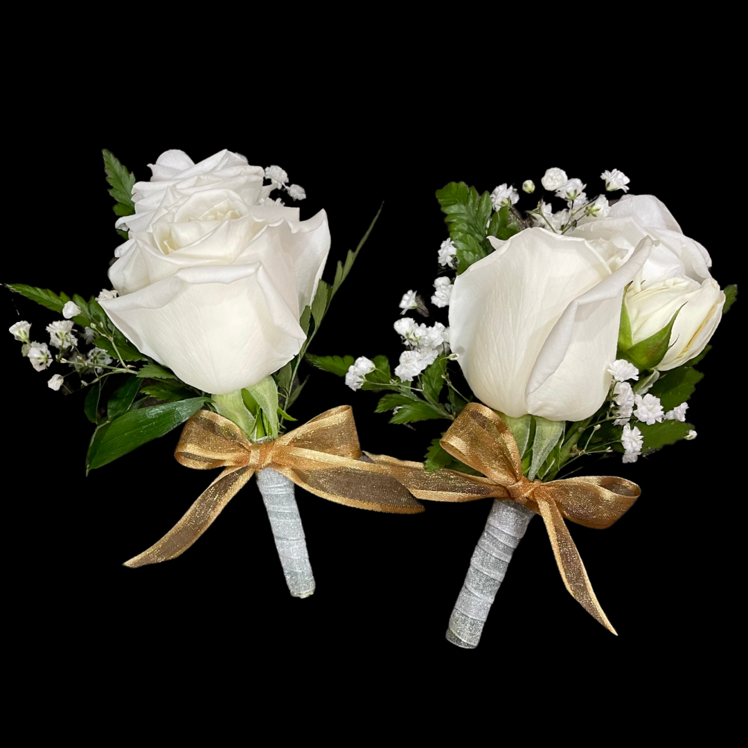 White Roses Fresh Flower Boutonniere
An elegant accent for weddings, anniversaries, or formal events. Crafted with seasonal blooms and fresh greenery, finished with ribbon. Clean, refined, and timeless.