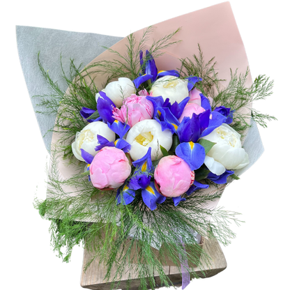 Luxury peony & iris bouquet, hand-tied by Toronto florist, available for same day pick up.