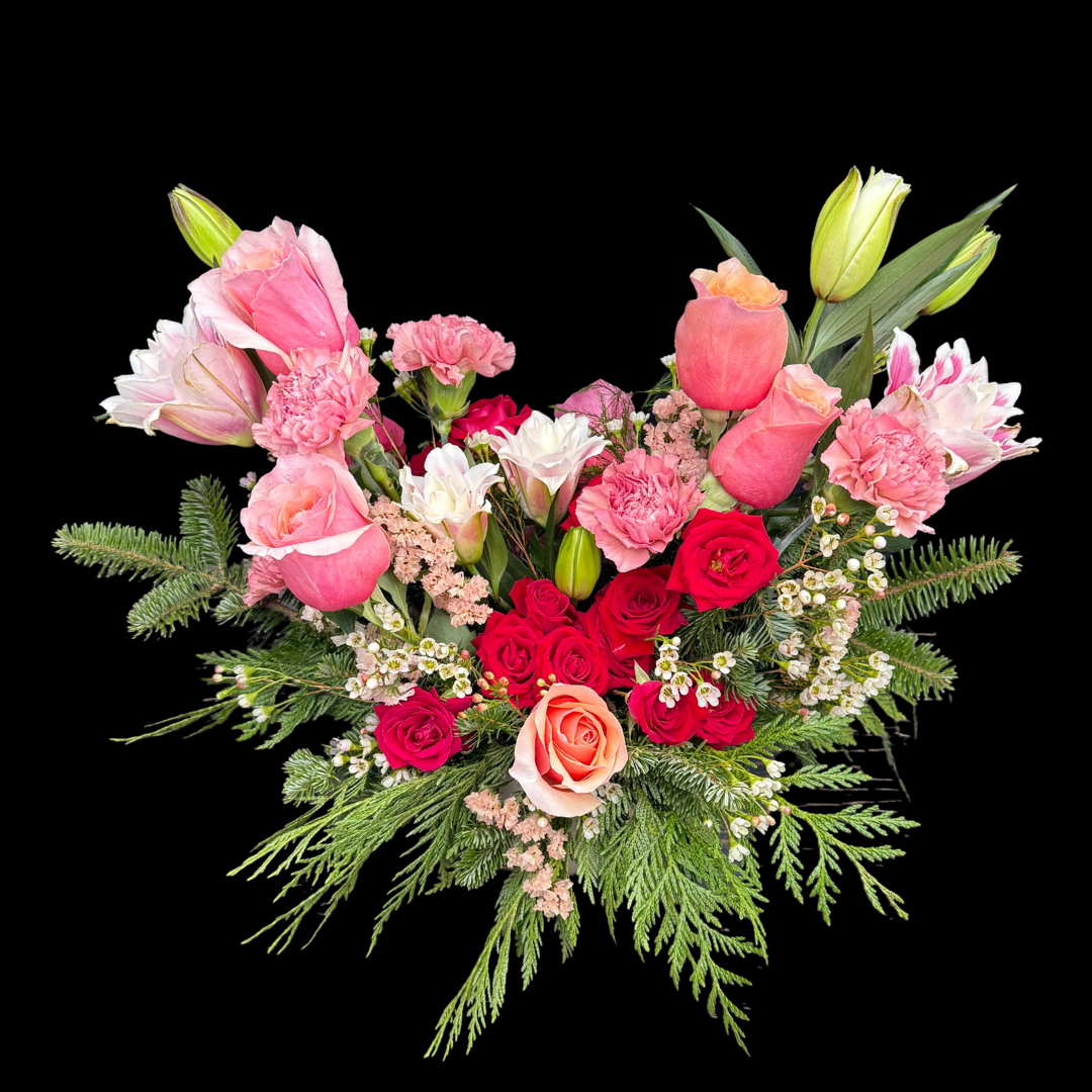 Luxury flowers in  this centerpiece arrangement featuring pink roses, lillies, wax and filler flowers, and green foliage, displayed in a  vase.
Luxury flower shop in downtown Toronto offers modern floral centerpiece for Corporate floral arrangements featuring roses, High-end flowers, and same-day luxury flower delivery in downtown Toronto