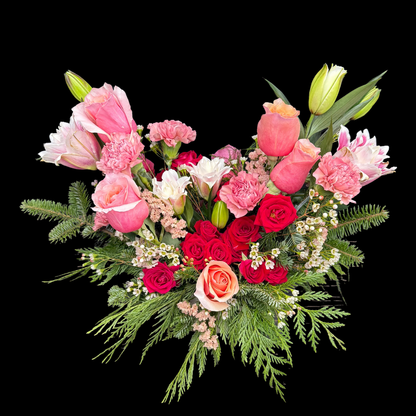Luxury flowers in  this centerpiece arrangement featuring pink roses, lillies, wax and filler flowers, and green foliage, displayed in a  vase.
Luxury flower shop in downtown Toronto offers modern floral centerpiece for Corporate floral arrangements featuring roses, High-end flowers, and same-day luxury flower delivery in downtown Toronto