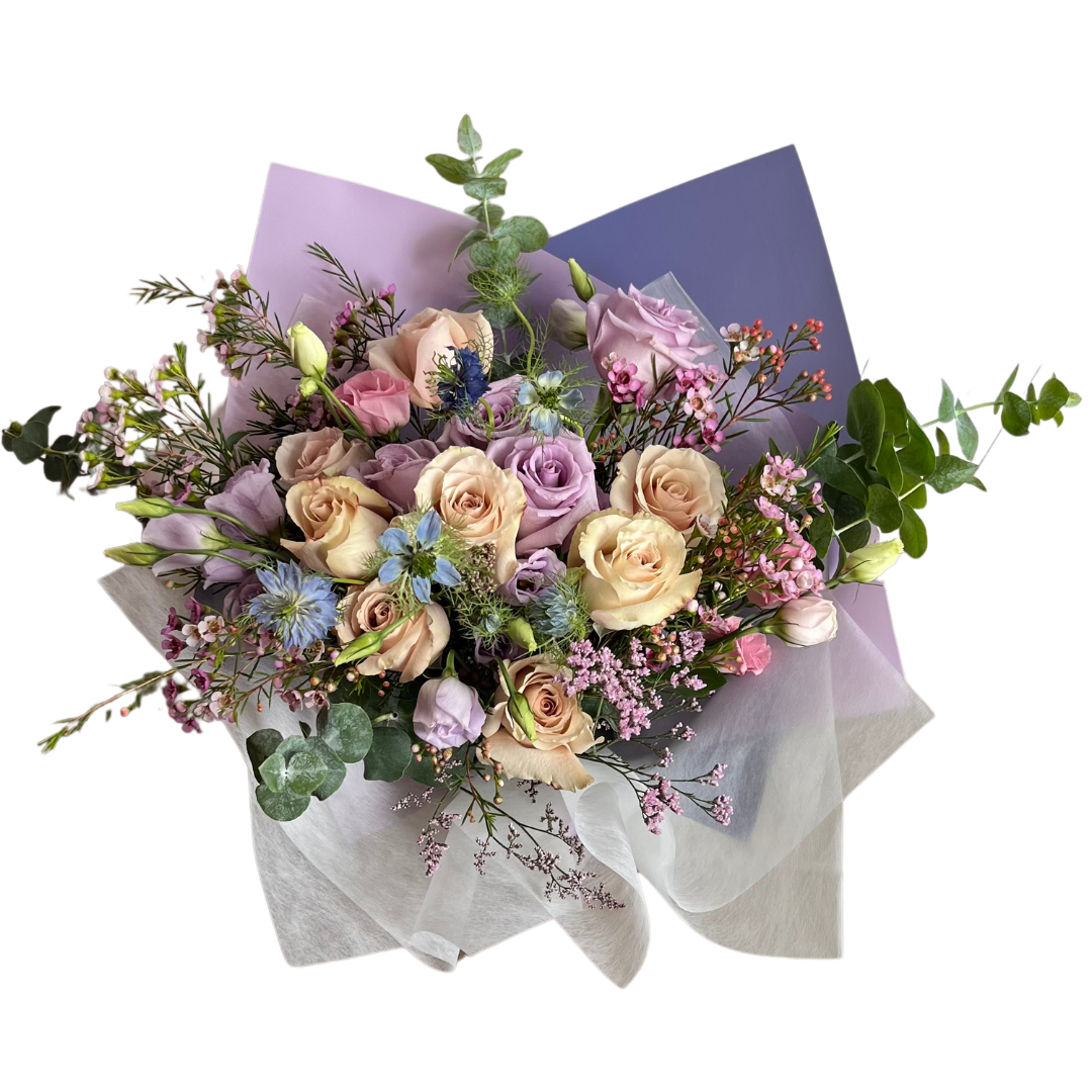 Symphony of soft pastel of roses, nigella, Lisianthus, eucalypyus and wax flower, best florist-gifts-flower shop in Toronto