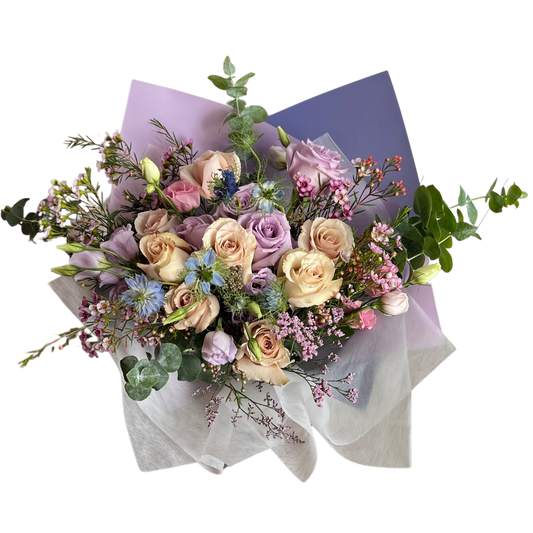 Symphony of soft pastel of roses, nigella, Lisianthus, eucalypyus and wax flower, best florist-gifts-flower shop in Toronto