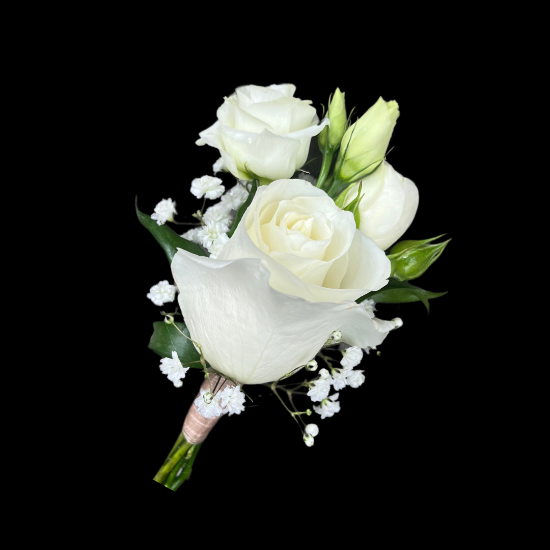 White Roses Fresh Flower Boutonniere
An elegant accent for weddings, anniversaries, or formal events. Crafted with seasonal blooms and fresh greenery, finished with ribbon. Clean, refined, and timeless.
