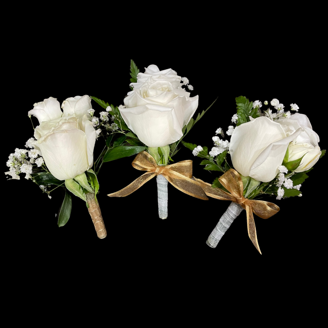 White Roses Fresh Flower Boutonniere
An elegant accent for weddings, anniversaries, or formal events. Crafted with seasonal blooms and fresh greenery, finished with ribbon. Clean, refined, and timeless.