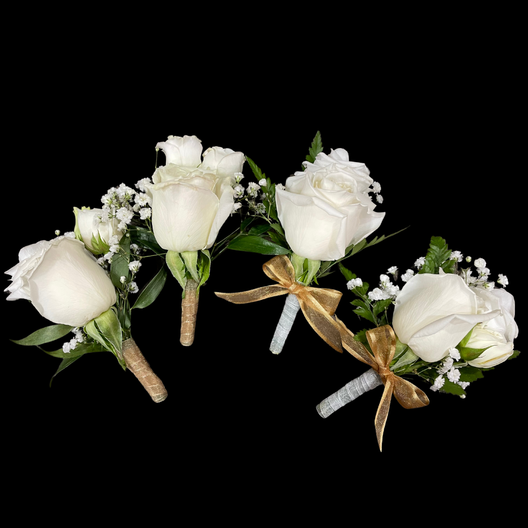 White Roses Fresh Flower Boutonniere
An elegant accent for weddings, anniversaries, or formal events. Crafted with seasonal blooms and fresh greenery, finished with ribbon. Clean, refined, and timeless.