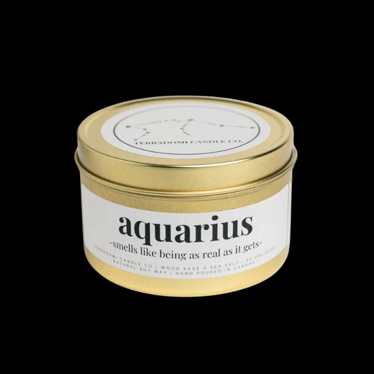 "AQUARIUS": Wood Sage + Sea Salt&nbsp;Smells like being as real as it gets.

Our Aquarius candle captures the innovative and free-spirited nature of this air sign. With a refreshing blend of wood sage and sea salt, it embodies the essence of Aquarians born between&nbsp;January 20 and February 18. This candle smells like being as real as it gets, reflecting Aquarius' unfiltered humor and sound advice.&nbsp;

Fragrance Notes:

Top notes: Fruity
Heart notes: sea salt, coconut, and wood sage
Base notes: musk