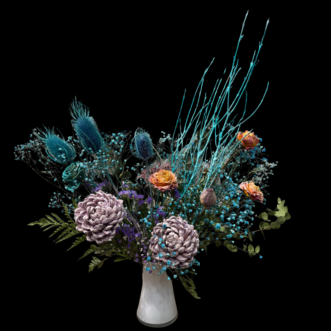 Dry Floral arrangement with blue and purple flowers in a white vase - Toronto Flower Delivery at Portland Market flower shop