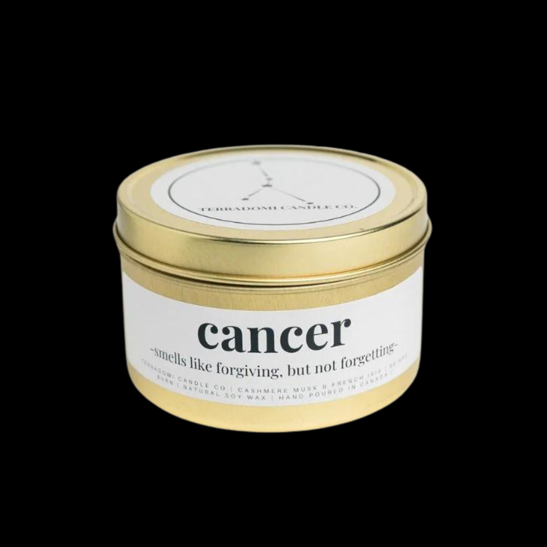 "CANCER": Cashmere Musk + French Iris&nbsp; Smells like forgiving, but not forgetting.


Our Cancer candle captures the essence of this nurturing water sign with a blend of cashmere musk and French iris. Perfect for those born between June 21 and July 22, it smells like forgiving but not forgetting—just like a true Cancer.&nbsp;&nbsp;

Fragrance Notes:

Top notes: Fresh herbaceous and Lavender

Heart notes: Warm cedar, Fresh cypress, French iris

Base notes: Cashmere woods, Musk