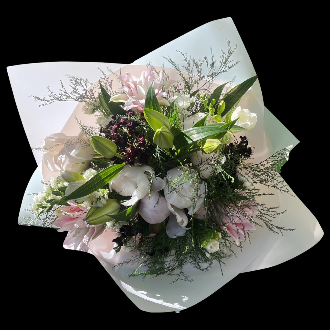 Luxury peony bouquet with seasonal blooms, hand-tied by Toronto florist, available for same day pick up.