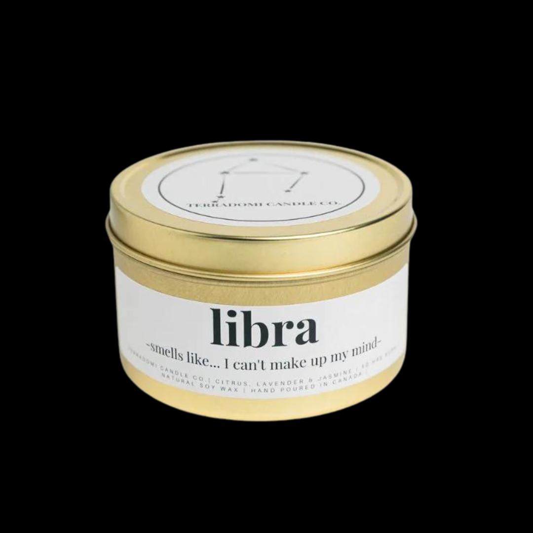 "LIBRA": Citrus, Lavender &amp; Jasmine&nbsp;Smells like... I can't make up my mind.

Our Libra candle captures the balanced and harmonious nature of this air sign. With a blend of citrus, lavender, and jasmine, it embodies the essence of Libras born between September 23 and October 22. This candle smells like indecision, reflecting Libra's tendency to weigh all perspectives.&nbsp;

Fragrance Notes:

Top notes: Citrus

Heart notes: Lavender, Jasmine

Base notes: Musk, Ambergris