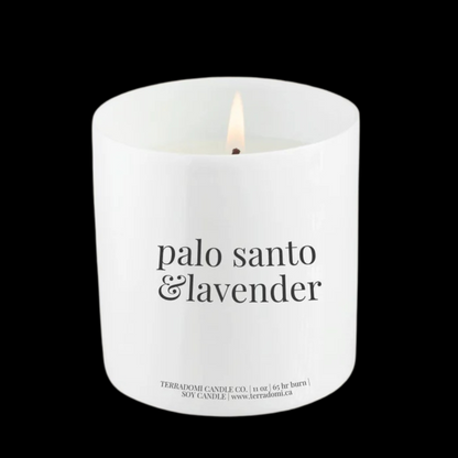 Enjoy the soothing embrace of our Palo Santo + Lavender Luxury Soy Wax Candle. As the flame flickers, the earthy aroma of Palo Santo essential oil surrounds you, grounding your senses and clearing the mind. Lavender's calming floral notes gently intertwine, inviting deep relaxation. This harmonious blend creates a serene space, infusing your environment with healing energy. Indulge in nature's restorative embrace with every burn.
Fragrance. Rich scent of Palo Santo and lavender&nbsp;
