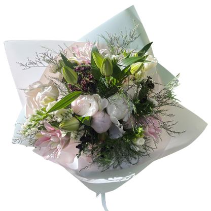 Portland Market - Toronto Florist Gift Shop - Seasonal Bouquet pastel, Freesia, peony, rose lilies  and status