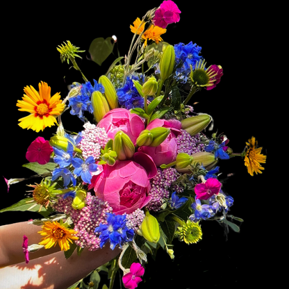 Portland Market June flowers Bouquet with peonies, yarrow, lilies and fresh farm flowers blooming in June.