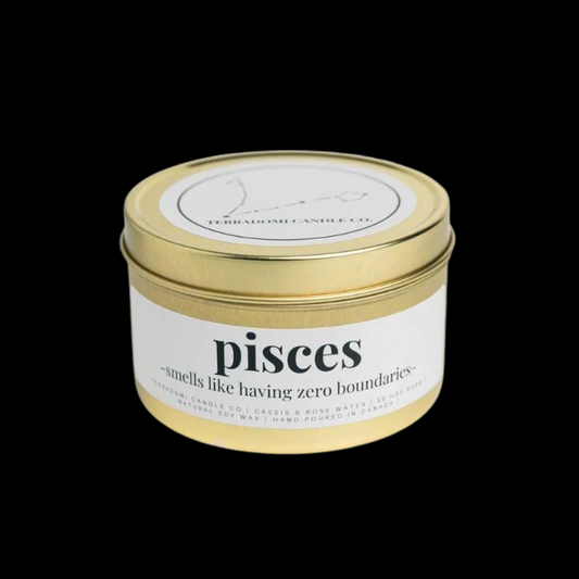 "PISCES": Cassis &amp; Rose Water&nbsp;Smells like having zero boundaries.Our Pisces candle captures the dreamy and intuitive nature of this water sign. With a soothing blend of cassis and rose water, it embodies the essence of Pisces born between&nbsp;February 19 and March 20. This candle smells like having zero boundaries, reflecting Pisces' emotional depth and ethereal nature.

Fragrance Notes:

Top notes:&nbsp;&nbsp;Cassis, bergamot, peach skin
