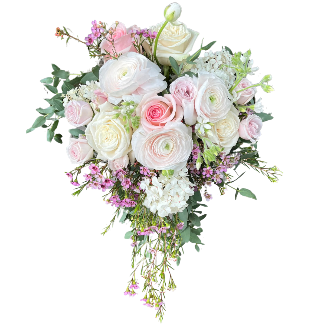 Portland Market: Toronto Florist | Gift & flower Shop. bride wedding bouquet -ranunculus & Playa blanca roses, wax flower, eucalyptus and spray roses.