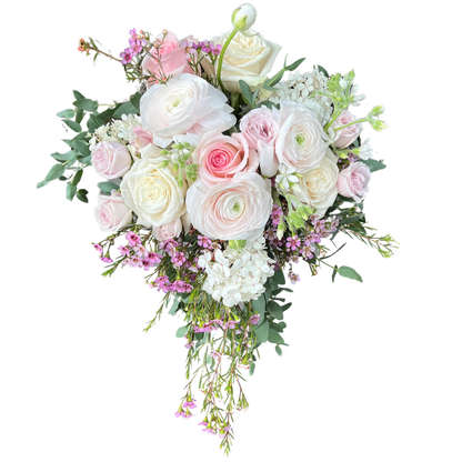 Portland Market: Toronto Florist | Gift & flower Shop. bride wedding bouquet -ranunculus & Playa blanca roses, wax flower, eucalyptus and spray roses.