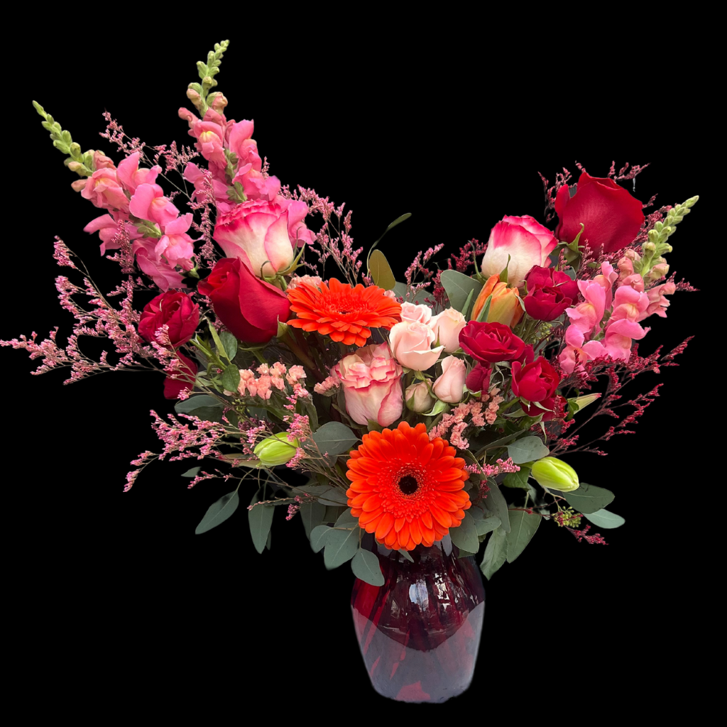 Luxury pink and red roses with tulips and snap dragons– an elegant arrangement / centerpiece of fresh flowers, perfect for Valentine's Day, Anniversaries, Birthdays, Mother's Day as well as any romantic occasion. Ideal for those seeking Downtown Toronto Florist-Portland Market- King West  District is a luxury flower shop with Bespoke bouquets and arrangements, classic centerpieces or premium arrangements are timeless floral gifts.