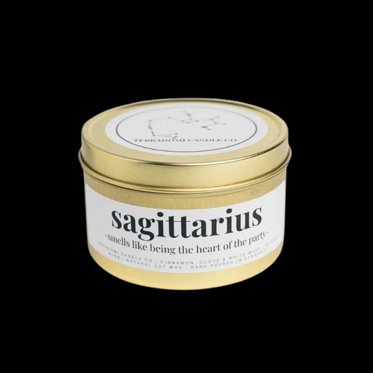 "SAGITTARIUS": Cinnamon, Clove + White Musk&nbsp;Smells like being the heart of the party.

Our Sagittarius candle captures the vibrant spirit of this adventurous fire sign. With a lively blend of cinnamon, clove, and white musk, this candle embodies the Sagittarius energy of being the life of the party. Perfect for those born between&nbsp;November 22 and December 21, it reflects Sagittarius' optimism, love for freedom, and spontaneous nature.&nbsp;

Fragrance Notes:

Top notes: Cinnamon

Heart notes: Clove