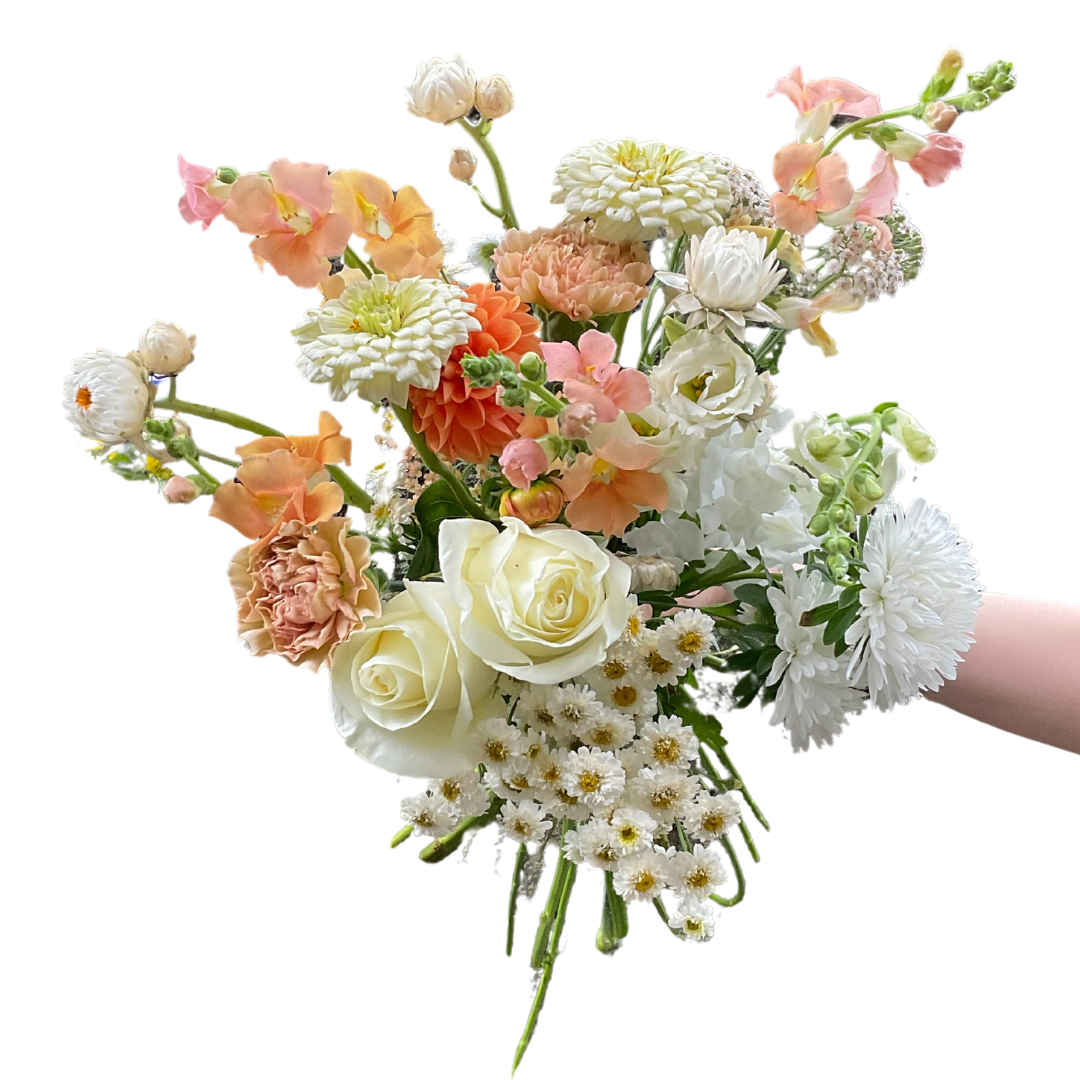 White & Peach Birthday Bouquet with Zinnias, snap dragons, Dahlias, Strawflowers and Lisianthus at Portlandmarket.ca- Toronto Flower Shop
