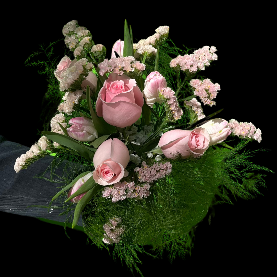 Custom luxury bouquet featuring unique garden roses, status, tulips and seasonal greenery.  Pre-order -handcrafted at Portland Market.ca. Toronto flower shop in the King West Entertainment District.