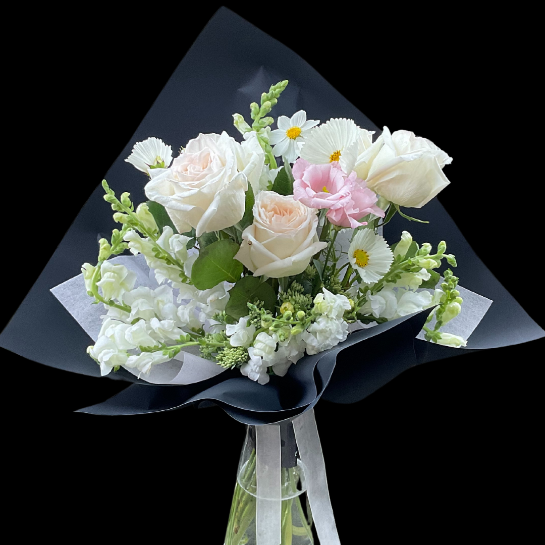 Portland Market: Toronto Florist | Gift & flower Shop. mother's Day | Valentine's Day  arrangement | bouquet -white 0'hara (blush centre) & Playa blanca roses, Lisianthus, snap dragon and autuim joy flowers