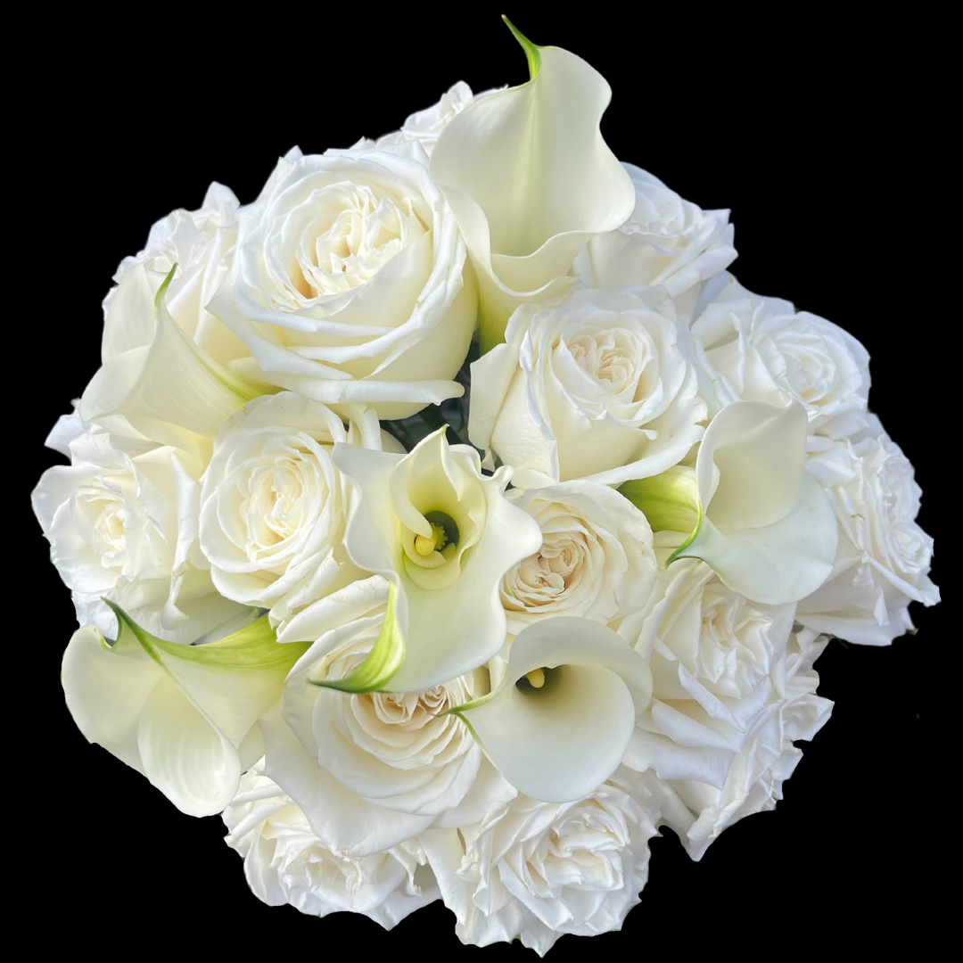 A bouquet of white roses with calla lillies, designed for holding and displaying. Wedding Bouquet.